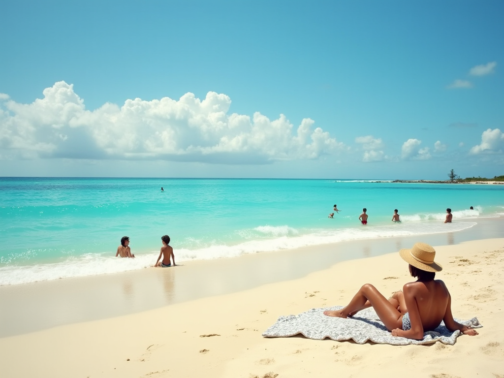 Woman relaxing on beach towel with view of people in turquoise sea and white sandy beach.