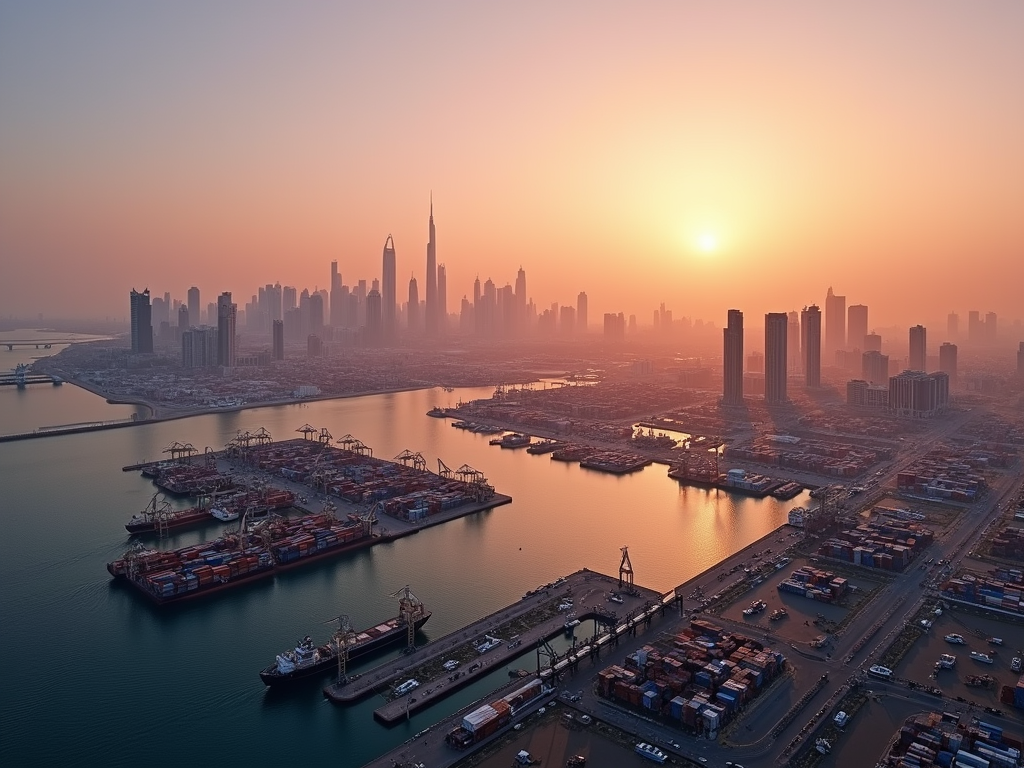 A stunning skyline at sunset over a bustling port, with shipping containers and skyscrapers reflecting in the water.