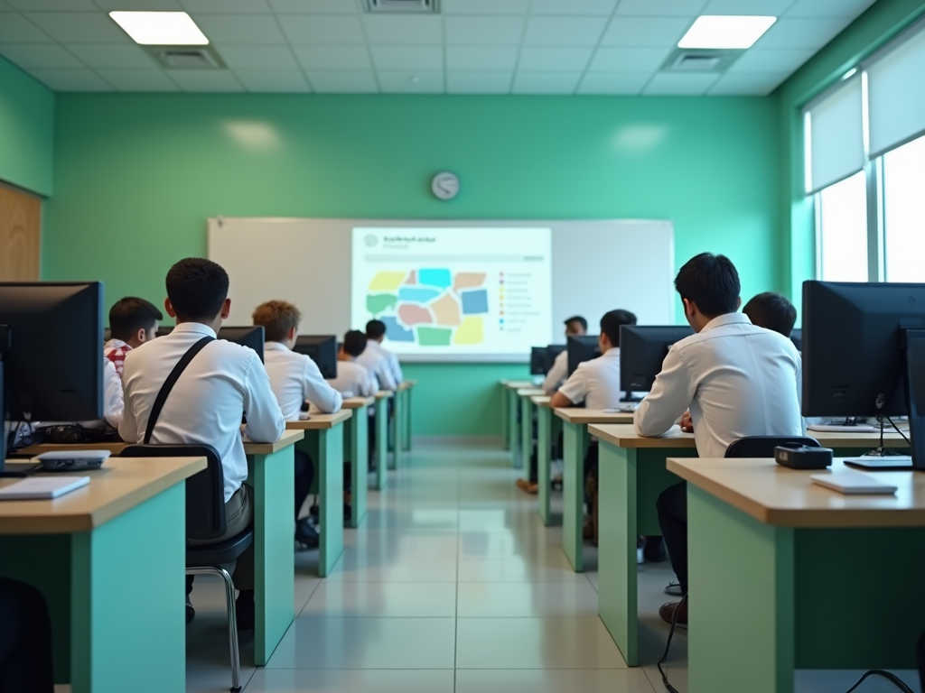 Students in a classroom focusing on a presentation about technological topics.