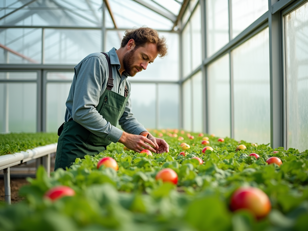 A farmer examines plants in a greenhouse, surrounded by rows of ripe apples on the ground.