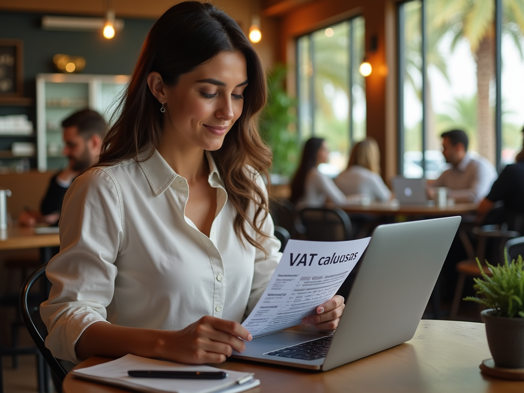 Woman reviewing VAT calculations on paper while working on laptop in a cafe.