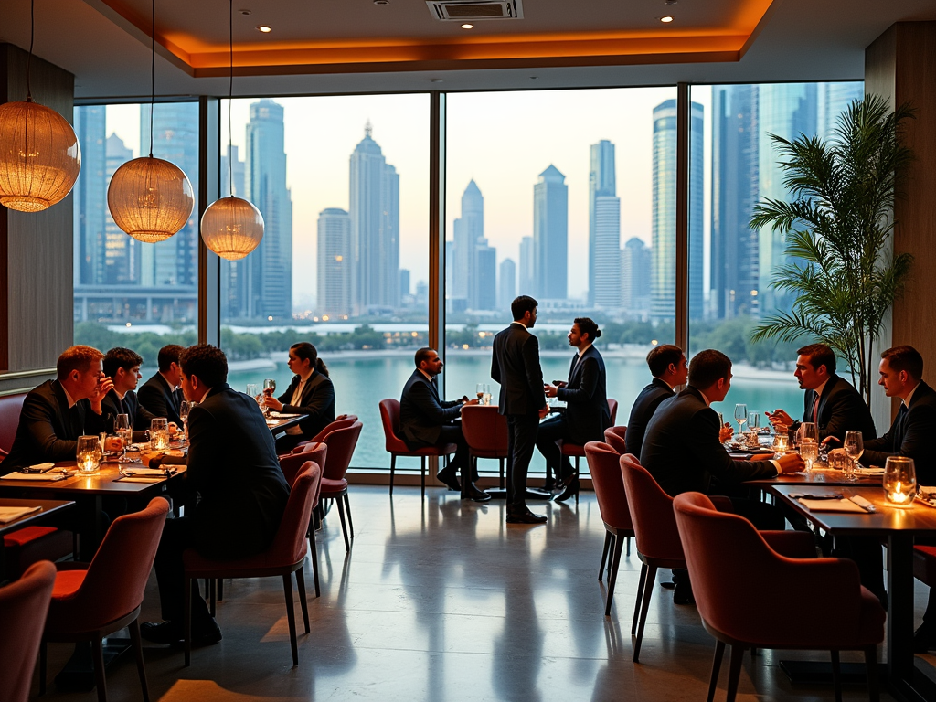 Business professionals dining in an upscale restaurant with large windows showcasing a city skyline at dusk.