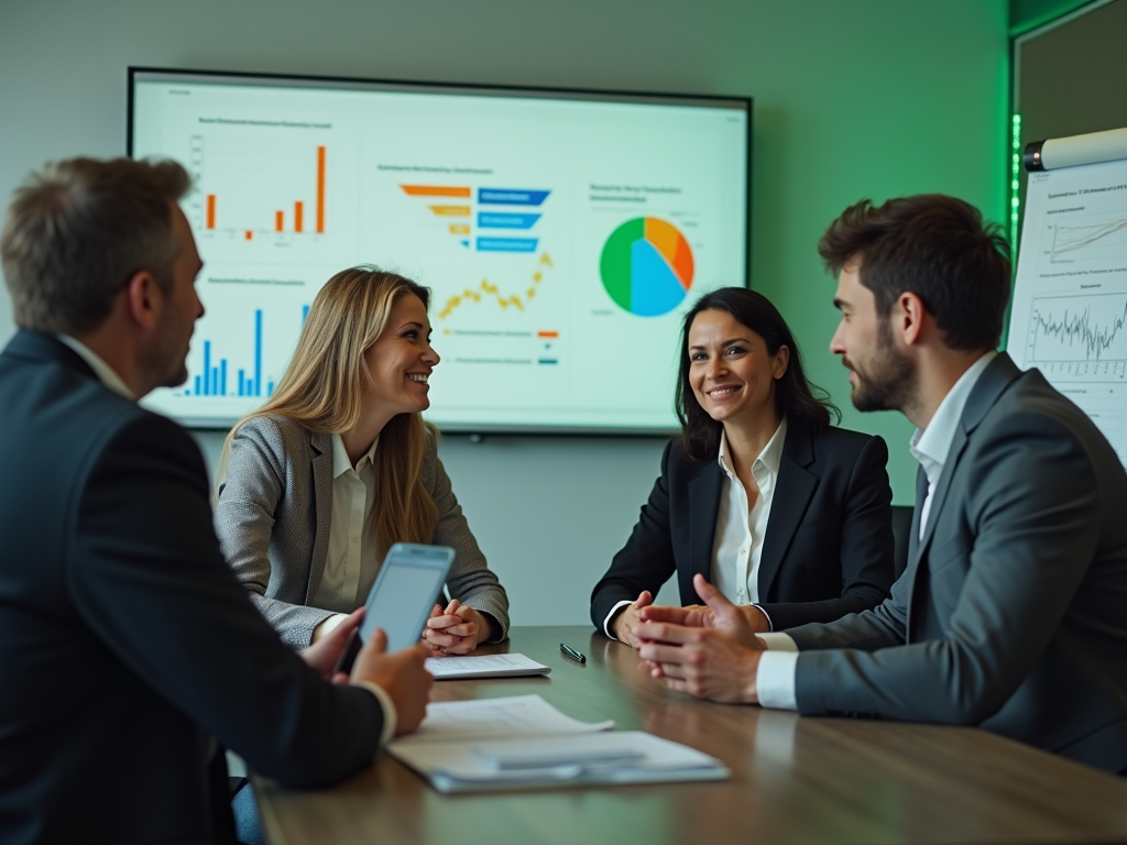 Four professionals discussing data in a meeting with charts displayed on a screen behind them.