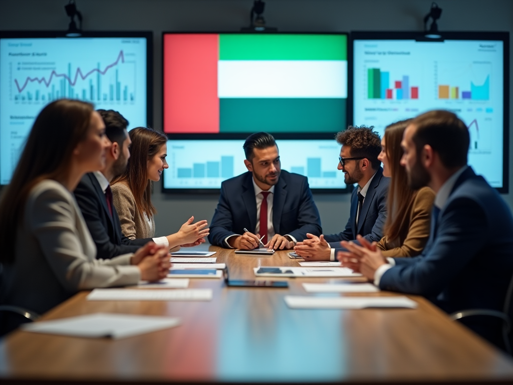 Business meeting with professionals discussing charts, Italian flag on screens in background.