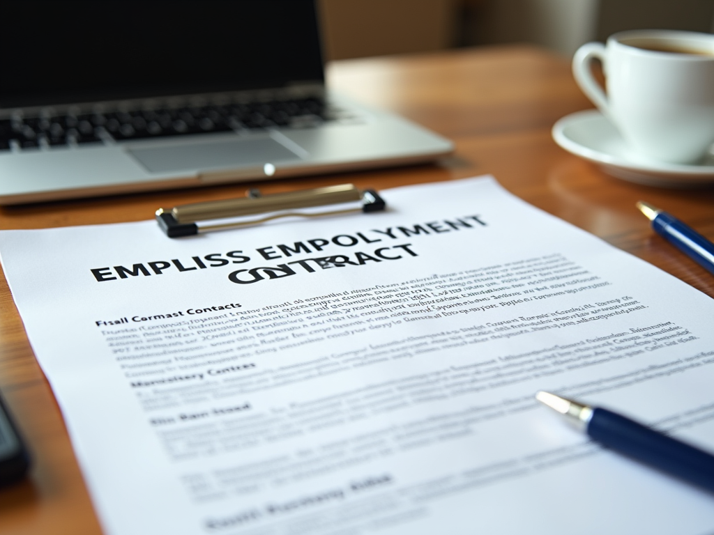 Close-up of an employment contract on a desk with a laptop, pen, and coffee cup in the background.