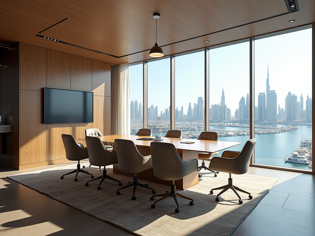 Modern boardroom with stylish furniture overlooking a city skyline through large windows.