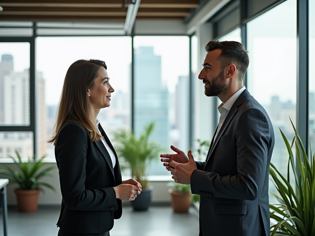 A man and woman in business attire engage in conversation in a modern office with large windows and plants.