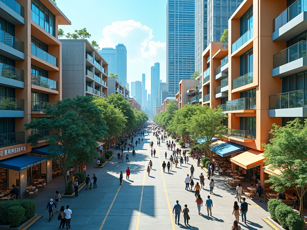 Urban street scene with modern orange and gray buildings, sidewalks bustling with people, and distant skyscrapers.