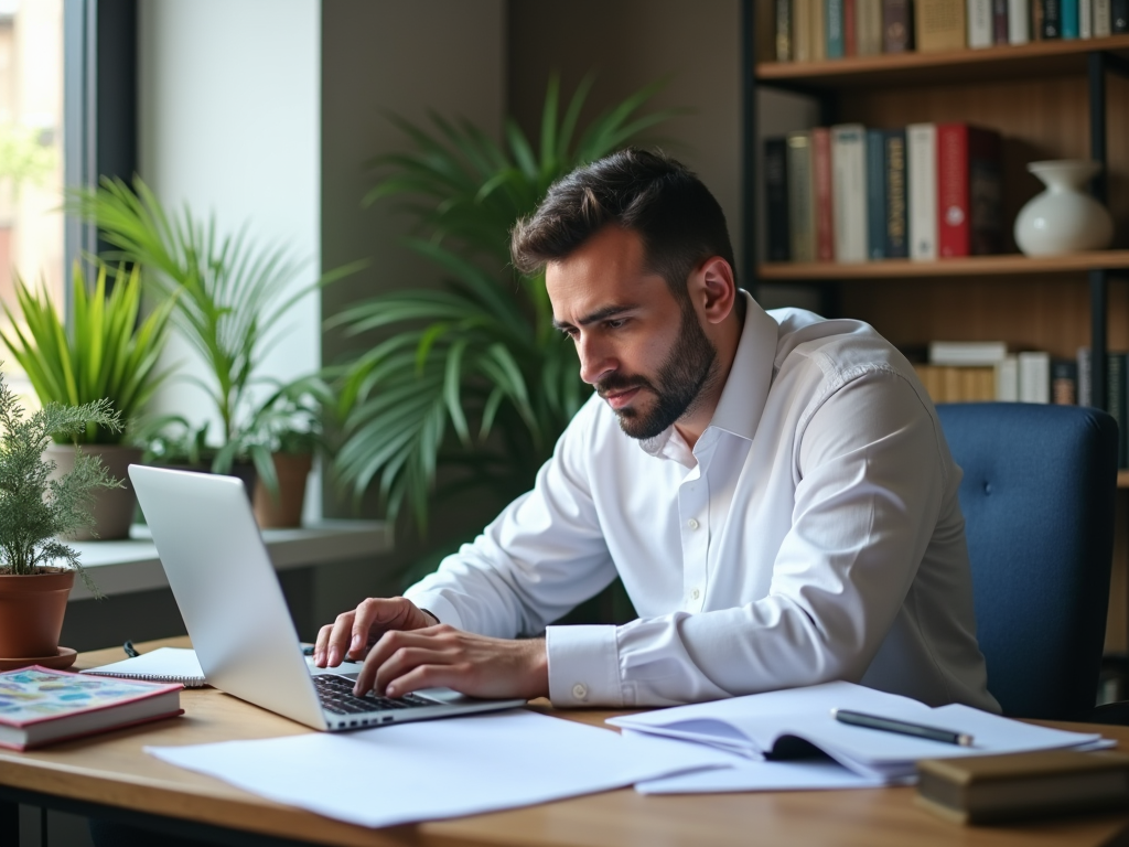 Concentrated man working on a laptop at a desk surrounded by plants and books.