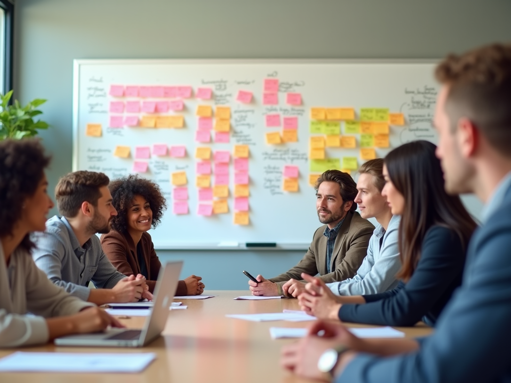 Diverse business team in meeting with sticky notes and whiteboard in background.