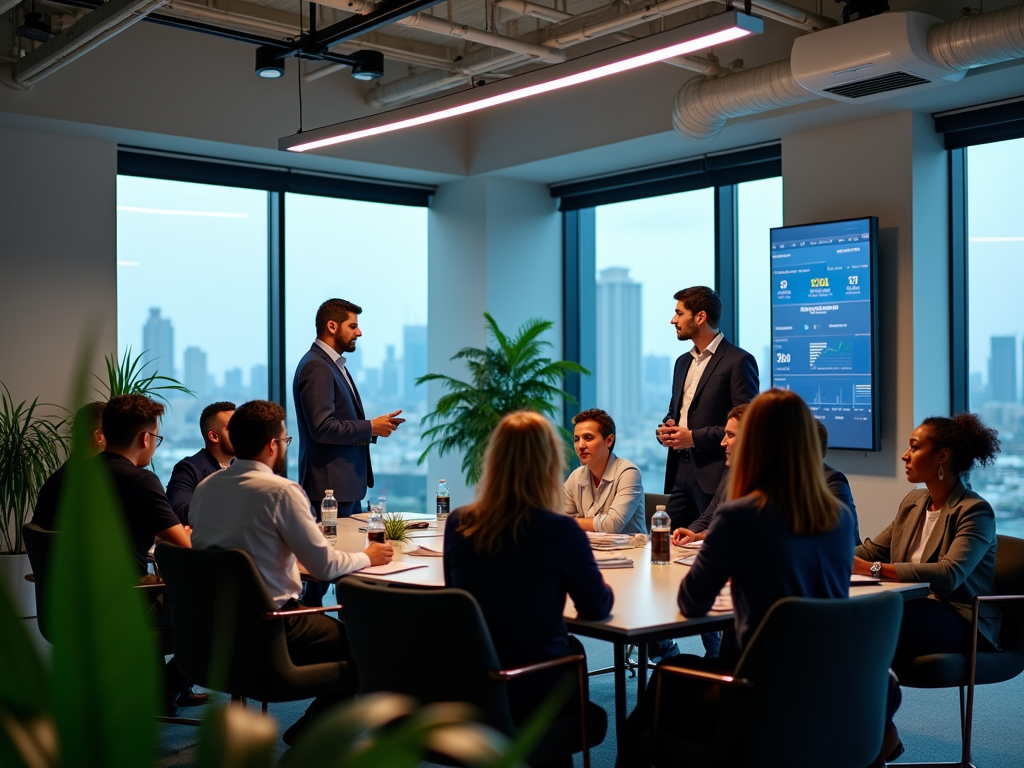 Men presenting in a business meeting with colleagues listening in a modern office.