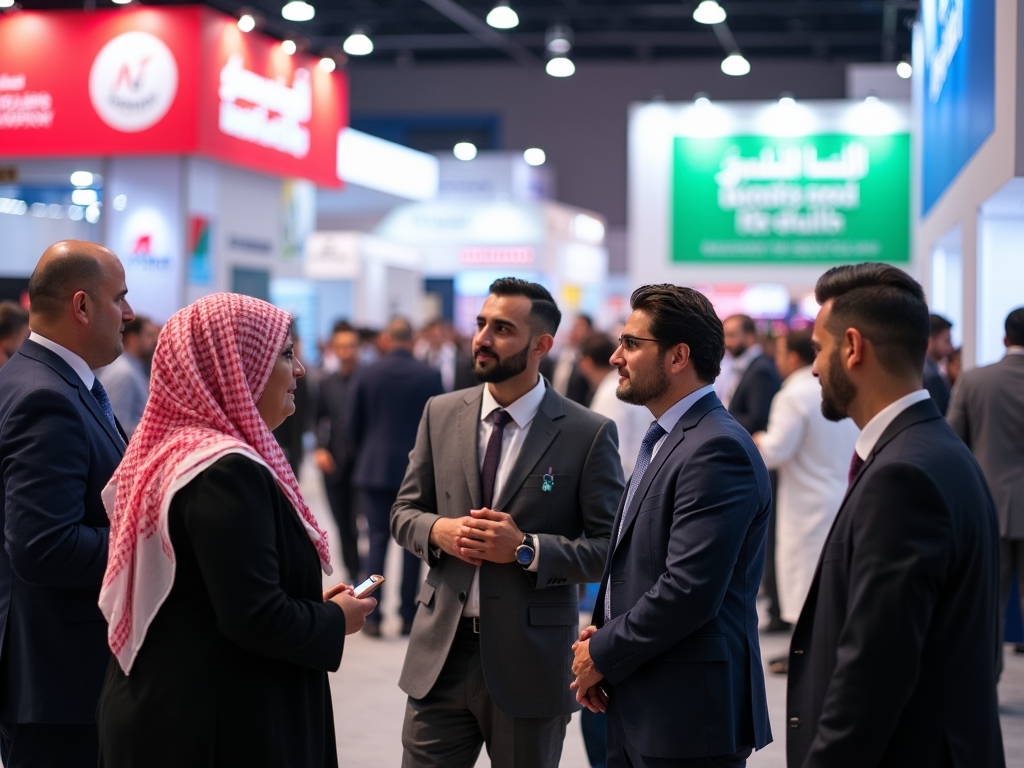 Professionals networking at a busy trade show with vibrant banners in the background.