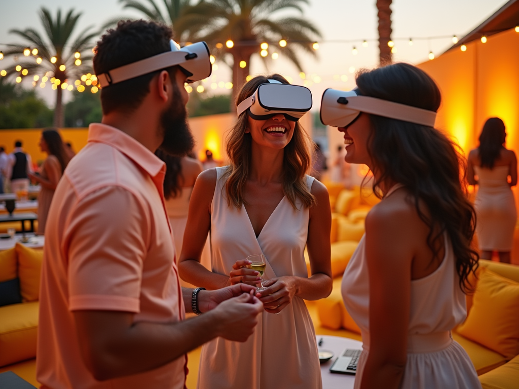 Three people in virtual reality headsets smile and chat, surrounded by a vibrant outdoor setting with palm trees.