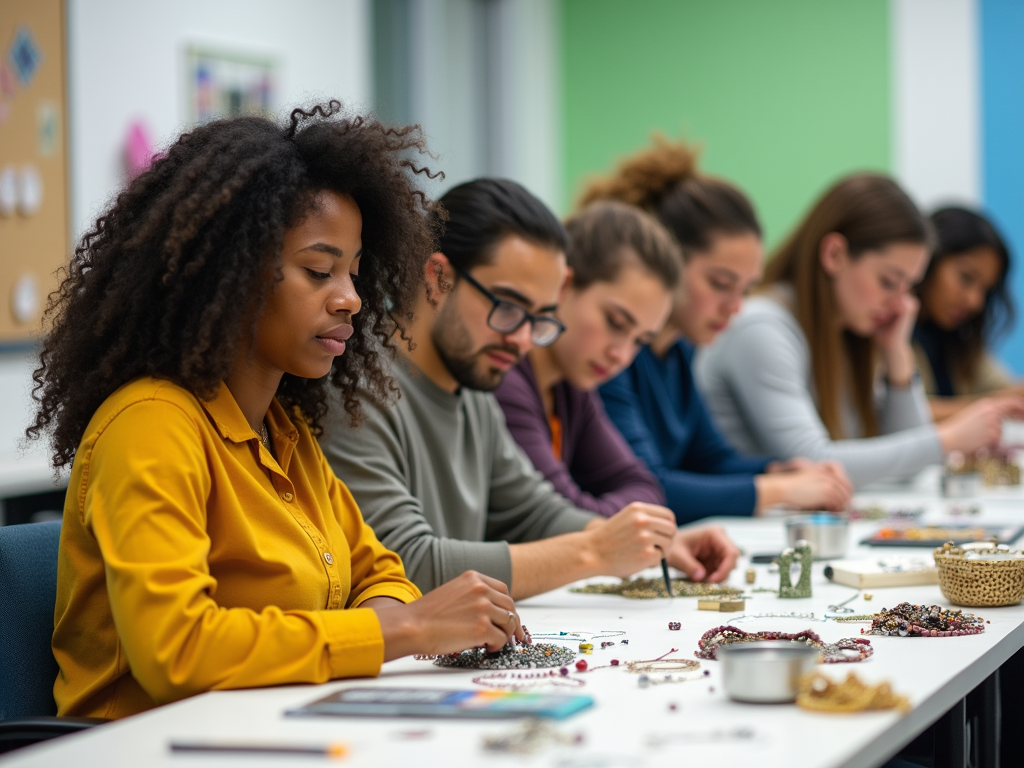 A group of people focused on creating jewelry, working with beads and materials at a bright, modern workspace.