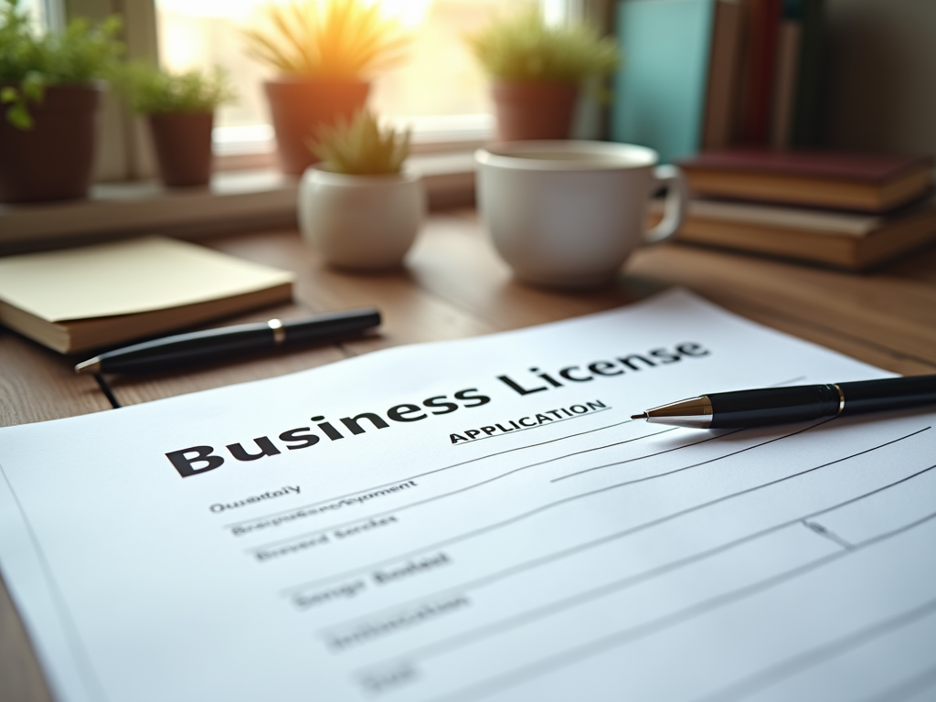 Business license application form with pen on desk, books, plants, and coffee cup in background.