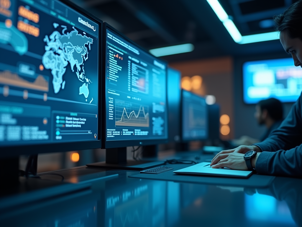 A data analyst works at a desk with multiple monitors displaying maps and graphs in a dark, tech-focused environment.