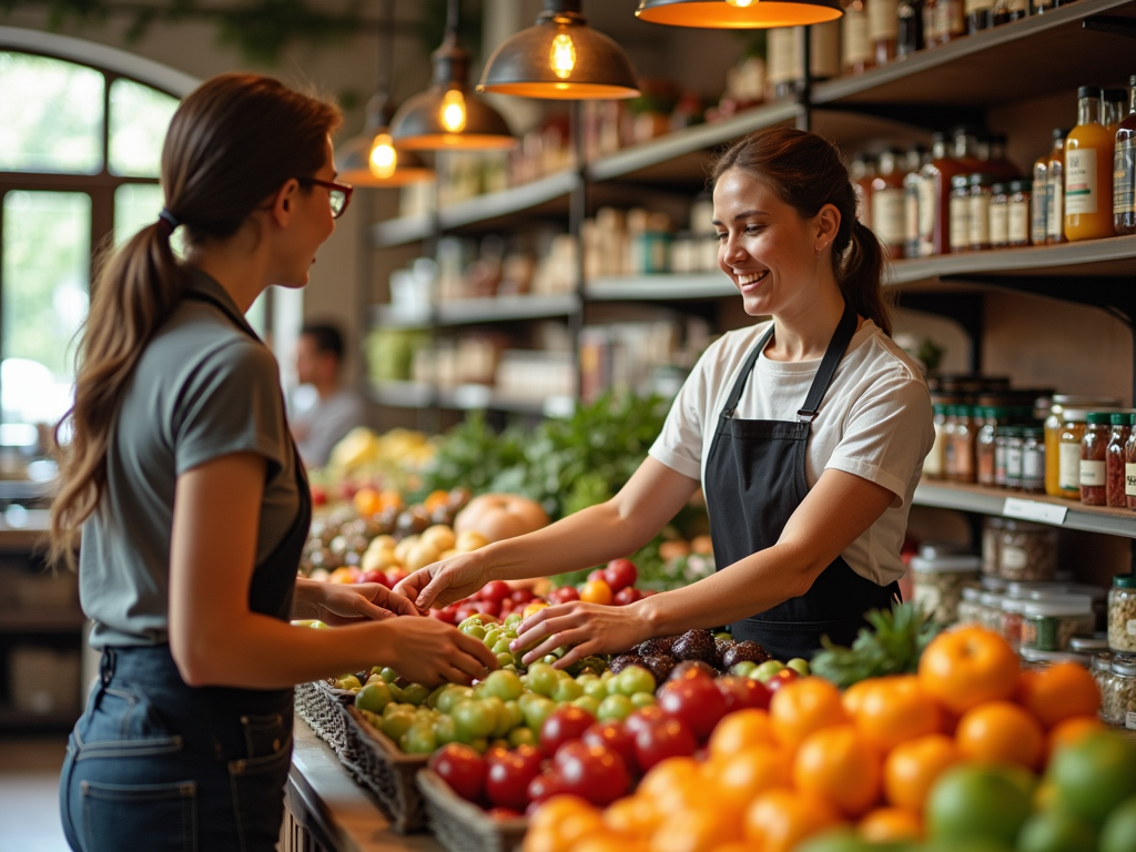 Two women interact at a grocery store, surrounded by vibrant fruits and vegetables on display.