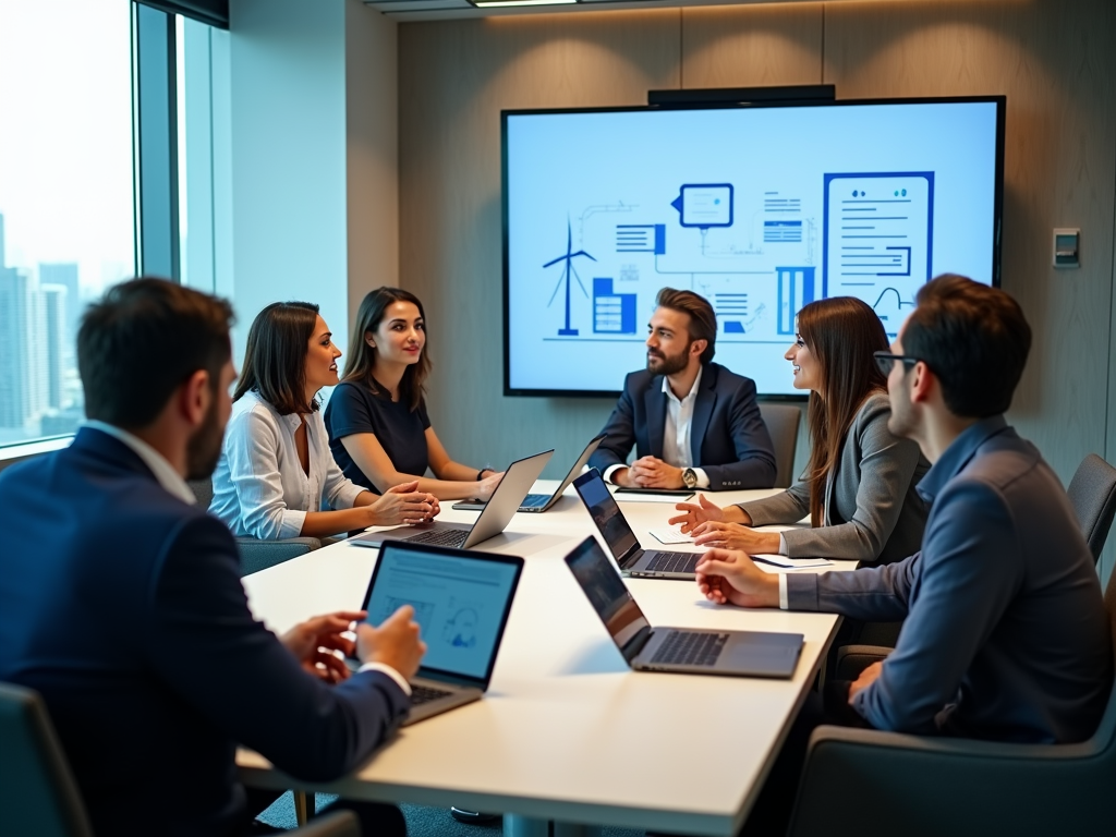 Professionals in a meeting room discussing charts on a presentation screen, with laptops open.