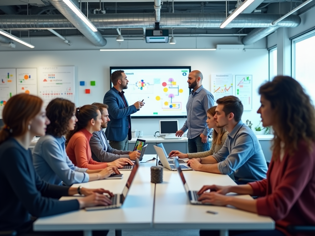 Team meeting in a modern office with two standing men talking and a group of attentive colleagues listening.