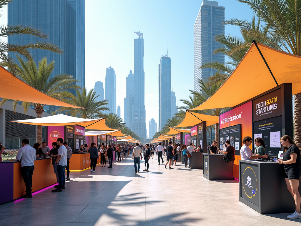 Outdoor tech expo event with attendees and orange canopies, tall city skyscrapers in the background.