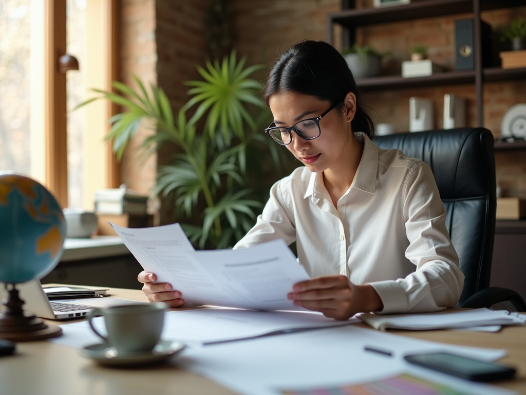 Woman in glasses reading documents at a desk in a cozy office with plants and a globe.