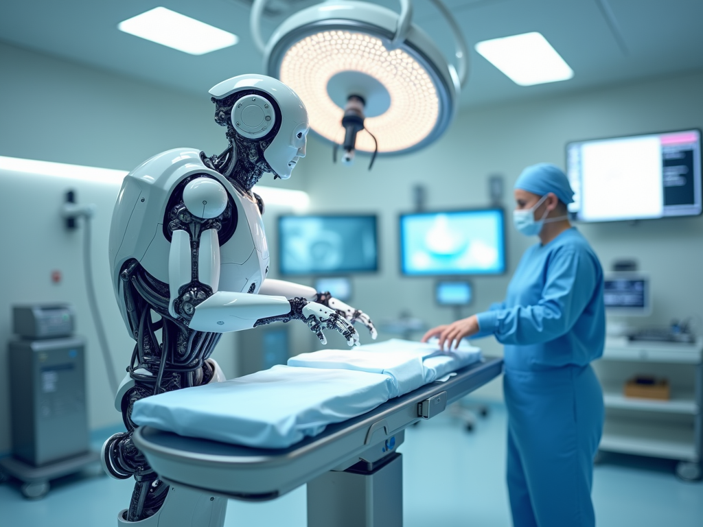 A humanoid robot stands beside a medical professional in an operating room, preparing for a procedure.