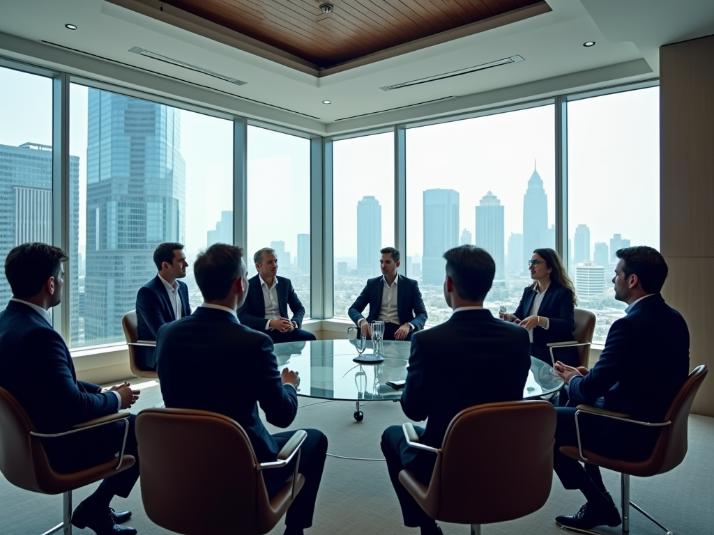 A business meeting with eight professionals seated around a glass table, skyline visible through large windows.