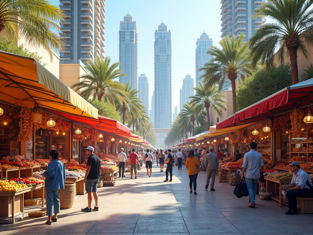 Outdoor market with rows of colorful fruit stalls, people walking, and tall buildings in the background.