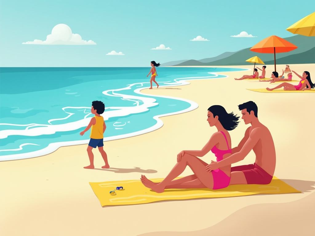 Illustration of people on a sunny beach: some walking, others lounging under umbrellas.