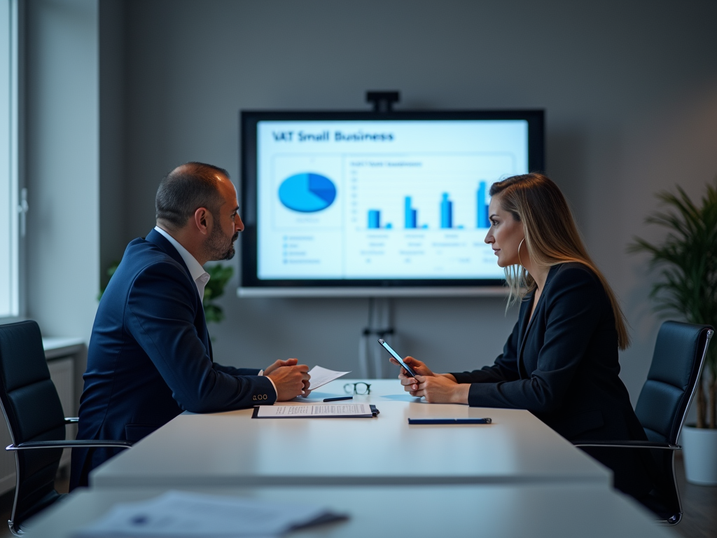 Two professionals discussing VAT data over a digital presentation in a modern office setting.