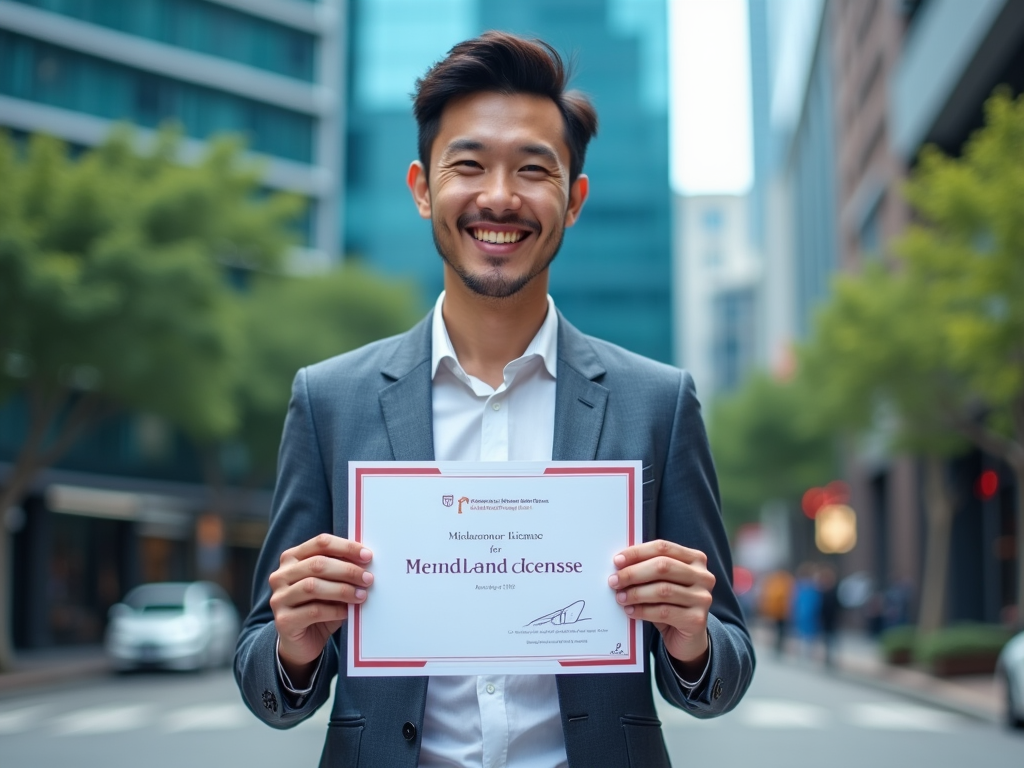 Smiling man in a suit holding a certificate in an urban setting.