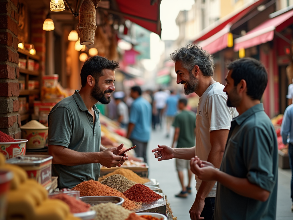 Three men chatting at a spice market stall with colorful spices in the foreground.