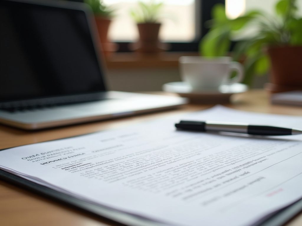 Close-up of a document on a desk with a pen, laptop, and coffee cup in the background.