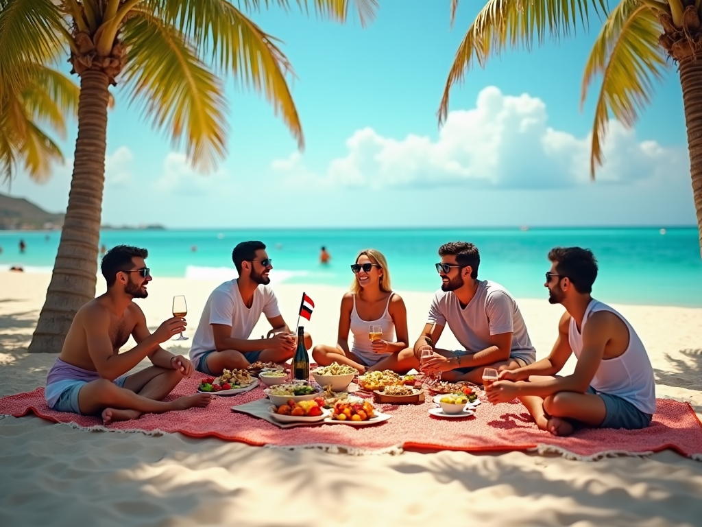 Group of friends enjoying a beach picnic under a palm tree.