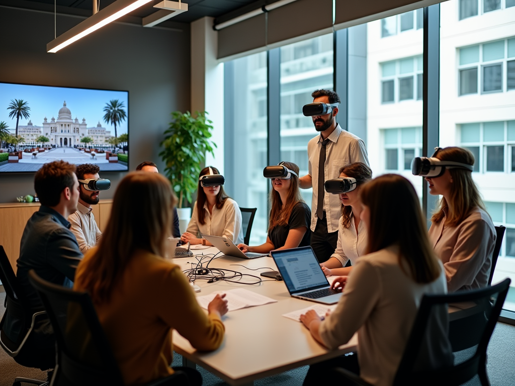 A group of people in a conference room wearing VR headsets, engaged in a virtual reality experience.