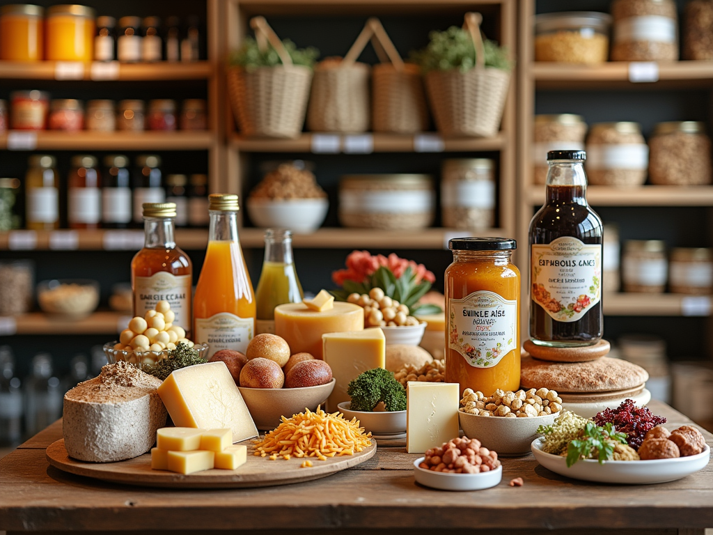 Various cheeses, jars of condiments, and fresh ingredients are artfully arranged on a wooden table.