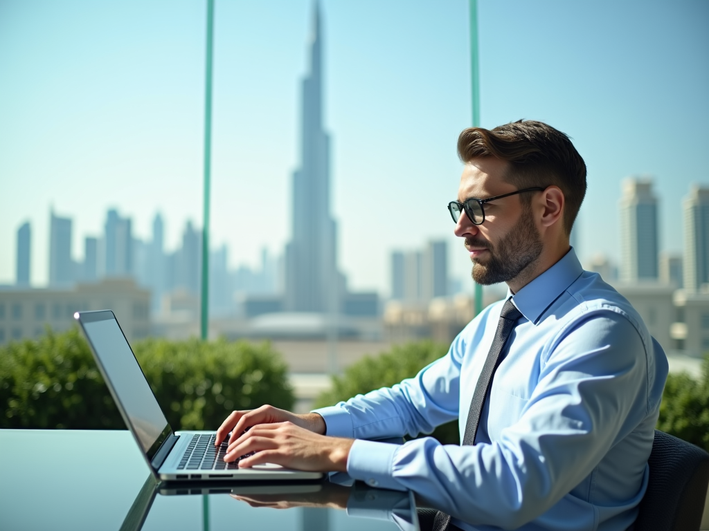 Businessman working on laptop outdoors with city skyline in background.