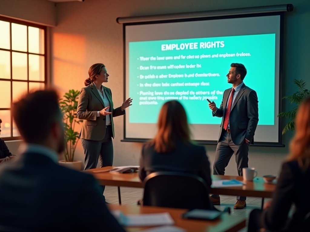 Two professionals presenting on "Employee Rights" in a conference room during a business meeting.