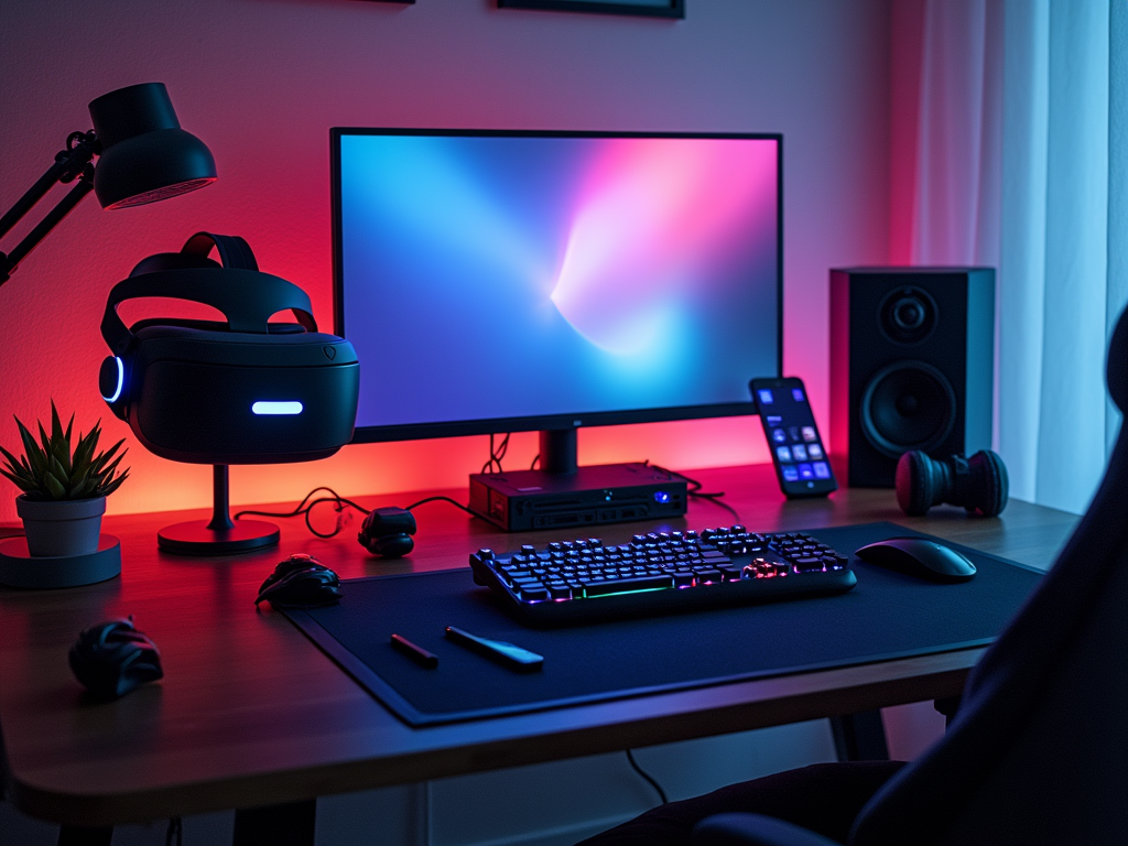 A modern gaming setup featuring a VR headset, large monitor, keyboard, and warm ambient lighting on a desk.