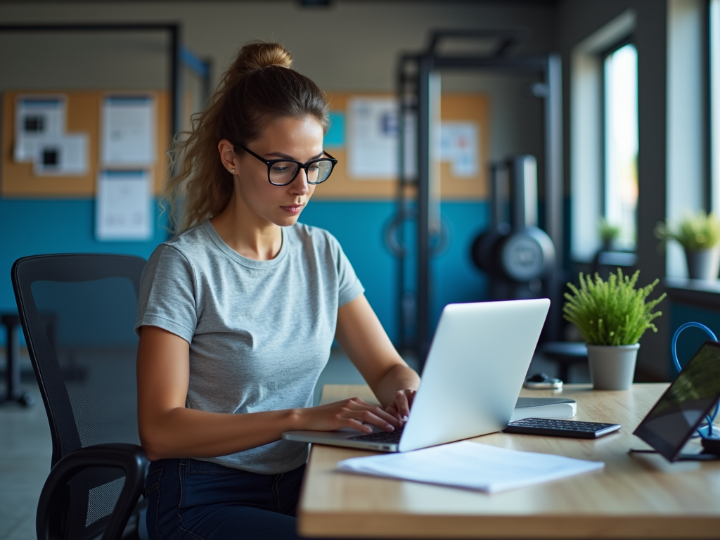 A woman in glasses sits at a desk, focused on her laptop in a modern office with plants and fitness equipment.