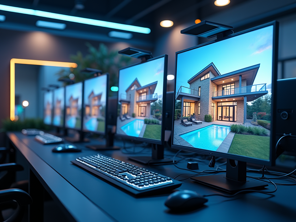 A row of computer monitors displaying an elegant modern house with a pool, set in a stylish office environment.