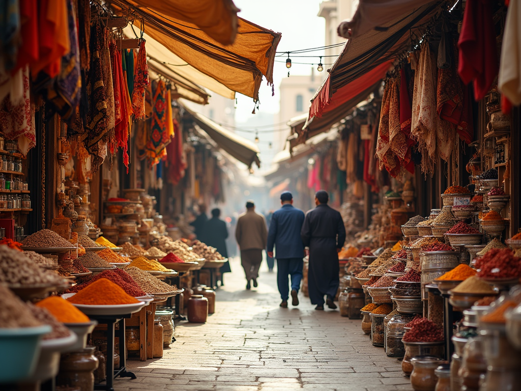 Vibrant market street lined with stalls selling spices and textiles, with people walking through.