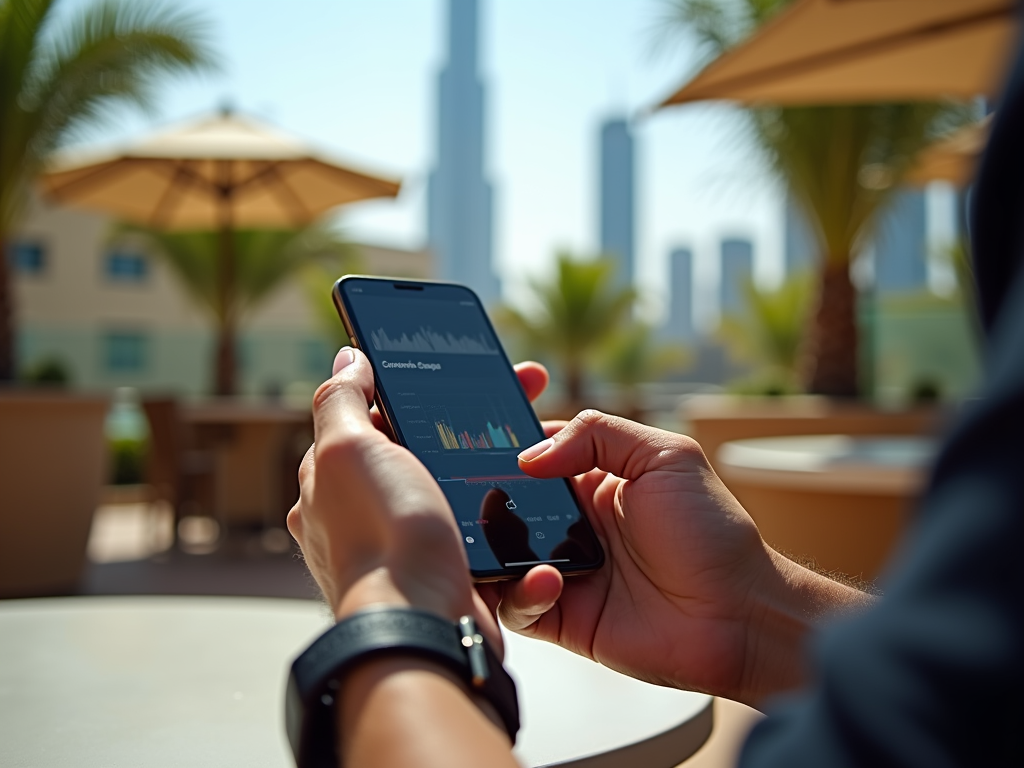 Person checking stock market graphs on a smartphone outdoors with city skyline in the background.