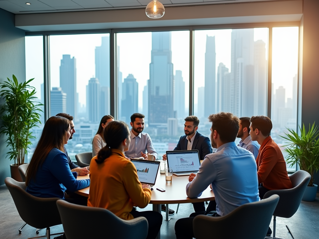 Diverse group of professionals in a meeting with city skyline in background.