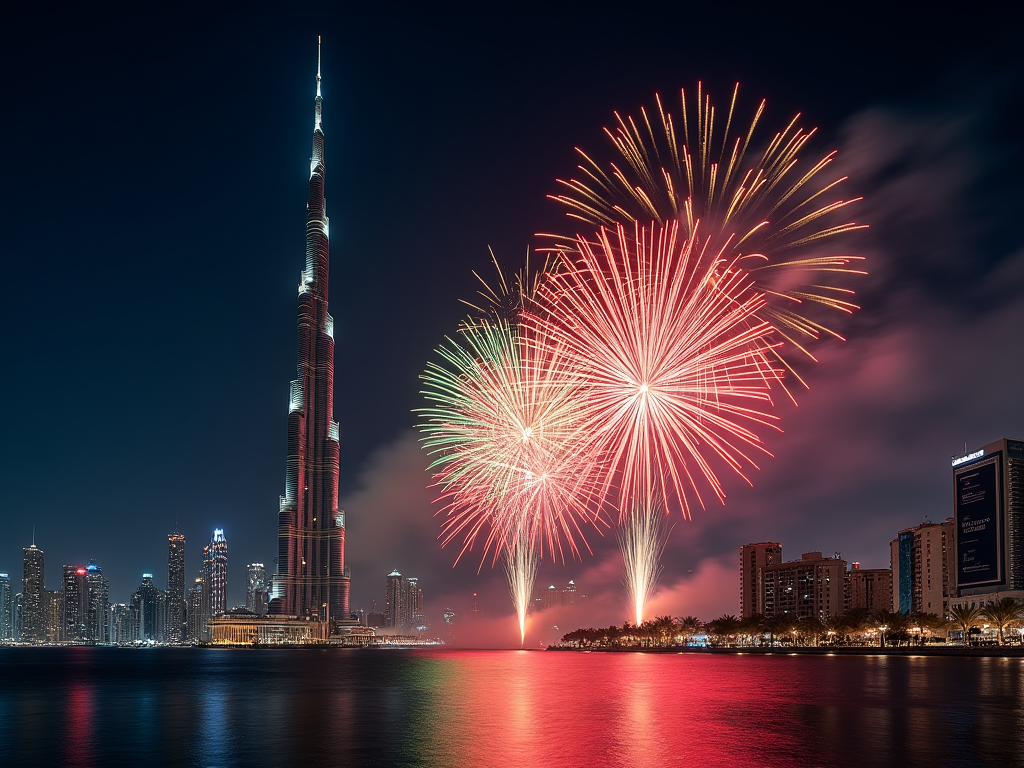 Fireworks illuminate the sky near the Burj Khalifa and Dubai skyline at night.