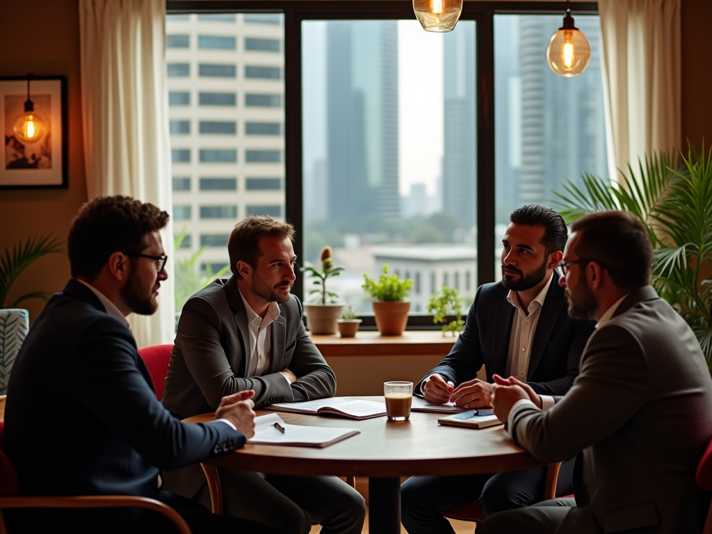 Four businessmen in a meeting at a table in an office with a city view.