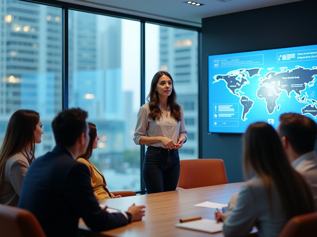 Woman presents a digital world map to colleagues in a modern office meeting room.