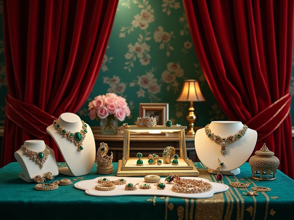 An elegant display of gold jewelry featuring green gemstones, set against a floral wallpaper and red curtains.