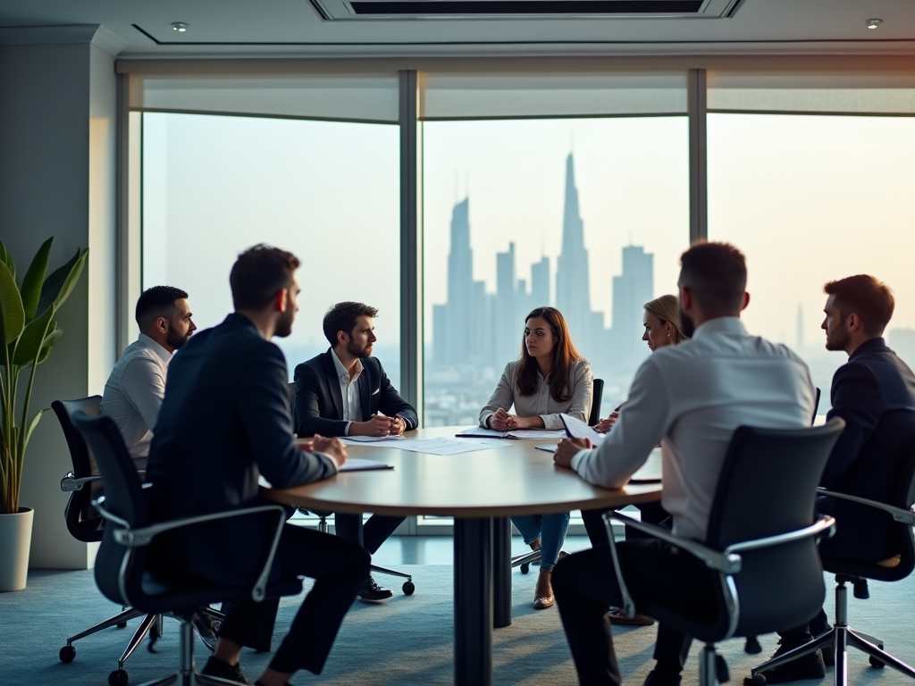 Business meeting in a modern office with a cityscape in the background.