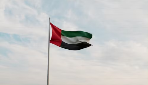 UAE flag waving against the sky, symbolizing the KIZAD Free Zone's significance and future potential.